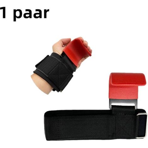 paire - Crochet d'assistance à la traction - Crochet de poignet de Fitness - Aide aux gants - Barre de suspension pour hommes - Mains antidérapantes - Crochet en plaque d'acier - Rouge (1/5)