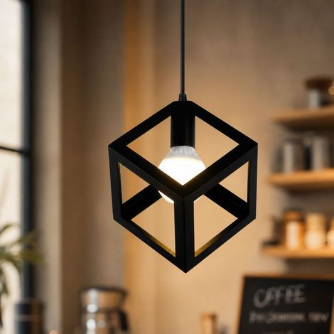 Suspension industrielle carrée noire 22x28cm câble réglable 150cm luminaire design pour cuisine salon couloir entrée style moderne (1/4)
