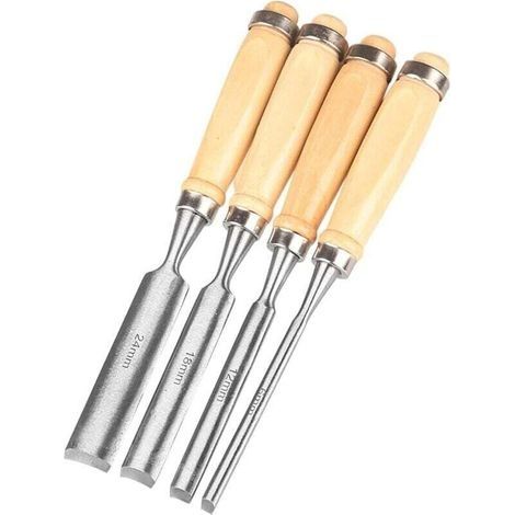 Ensemble de 4 ciseaux à bois en acier au carbone, ciseaux à lame demi-ronde, 8 mm/12 mm/18 mm/24 mm, adaptés aux outils de sculpture sur bois pour débutants. (1/4)