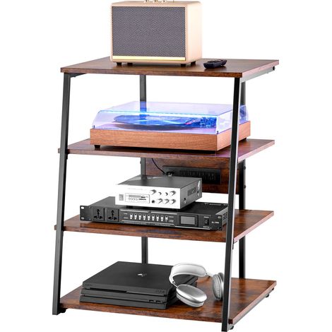 Meuble Audio Visuel 4 Niveaux, Étagère Multimédia en Bois, Support TV d’Angle avec Multiprises et LED, Réglable en Hauteur, pour Lecteurs DVD/Décodeurs de Câbles/Consoles de Jeux, Marron (1/5)