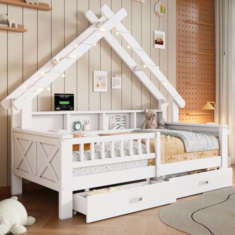 MODFU – Cama tipo cabaña infantil 90x200 cm de pino/MDF con LED, compartimentos, 2 cajones, barandilla y somier de 11 lamas – Blanco (1/5)