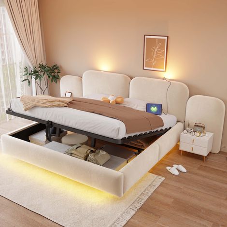 MODFU – Letto matrimoniale 180x200 cm con sollevamento idraulico, LED RGB, USB-C e testiera in velluto, carico 250 kg – Beige (1/5)