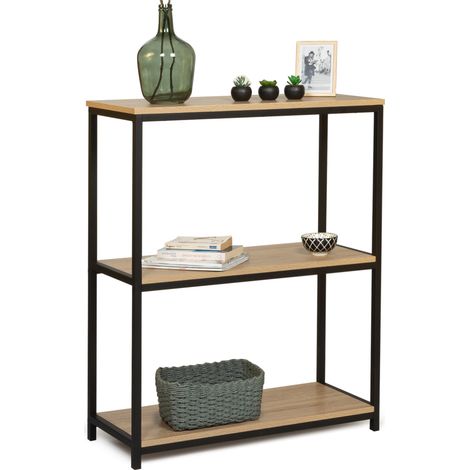 Idmarket – Console 3 niveaux en métal noir et bois – Dimensions L. 80 cm x l. 30 cm x H. 95 cm – Style industriel pour intérieur contemporain (1/5)