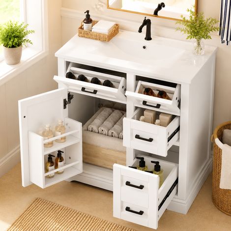 Meuble de Salle de Bain 76,5 cm Blanc avec Vasque Céramique Intégrée - Meuble Sous Vasque sur Pied, 4 Tiroirs Silencieux et Tiroir Escamotable (1/5)