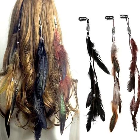 Barrettes à cheveux en plumes pour femmes, extensions de cheveux bohèmes-hippies faites main avec peigne à clip, accessoires DIY, barrettes et coiffes, lot de 3 (1/5)