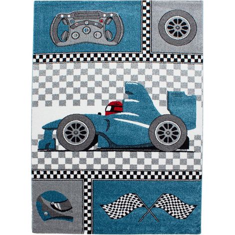 Tapis enfant tissé 160x230 bleu et gris rectangle KID RACE