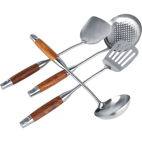 Ensemble de quatre cuillères de cuisine en acier inoxydable 304 et bois de rose, spatule de cuisine, spatule ménagère, cuillère à égoutter (1/5)