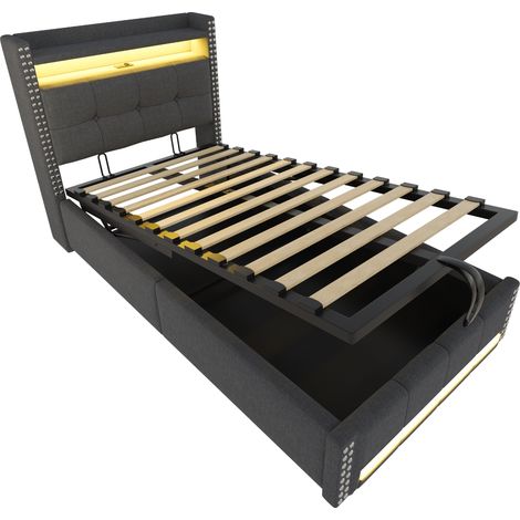 Cama tapizada 90x200 cm gris con LED, USB, almacenamiento y somier abatible HOMVRA (1/5)