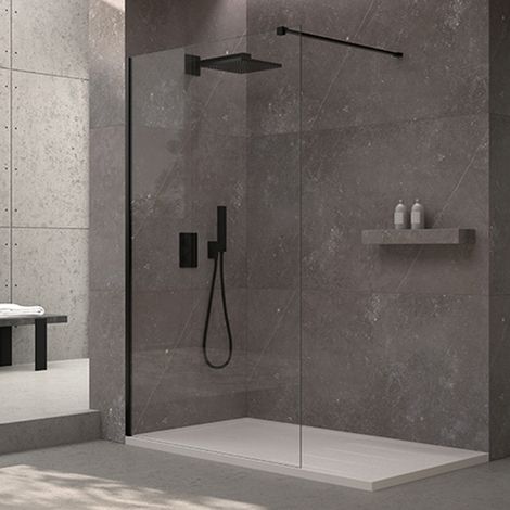 Mampara de ducha fija Walk In 80x195 Negro Cristal templado antical transparente 8mm (1/5)