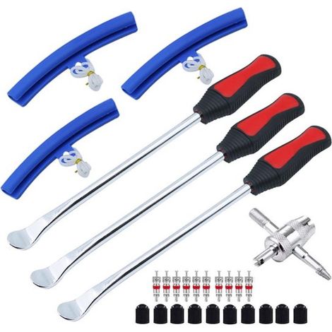 Set di 27 leve per pneumatici con protezioni per cerchi, attrezzo per valvole, tappi e steli per biciclette, moto e scooter. (1/5)