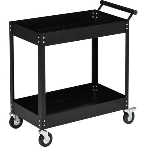 Chariot d'atelier à 2 étagères, chariot à outils vide, chariot de transport, poignée latérale, 4 roues, acier, capacité de charge jusqu'à 150 kg, 84,5 x 38 x 84 cm, noir