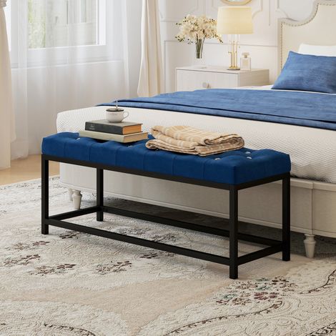 Pied de lit bleu Banc rembourré en velours Capitoné Design pour entrée de chambre Salon foncé (1/4)
