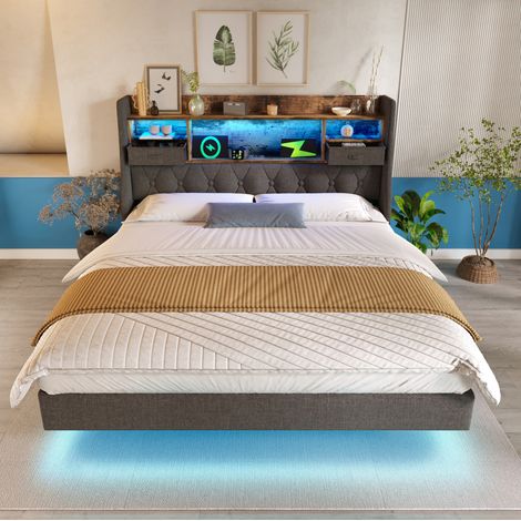 MEUBLIV Lit 160x200 cm gris - LED, tête de lit avec rangement et charge, avec matelas (1/5)