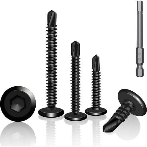 60 Vis Auto-Taraudeuses en Acier Inoxydable 410, 5,5 x 35 mm, Tête Plate avec Empreinte Hexagonale, Noires vis autoforeuse Incluant Embout de Tournevis (1/5)