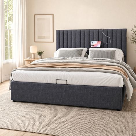 Lit double 140x200 cm en tissu gris avec rangement et LED, gain de place, sans matelas – MEUBLIV (1/5)