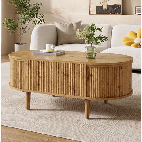 Table basse ovale relevable avec rangement à compartiments, effet ondulé, MDF, couleur chêne (1/5)