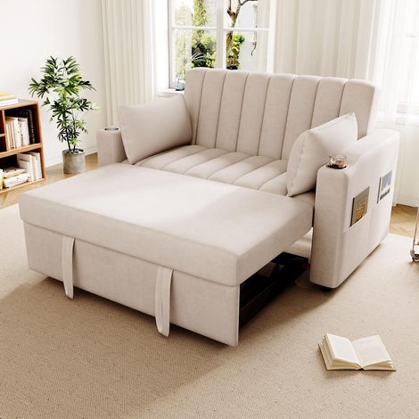 Tanant – Canapé convertible 2 places avec dossier réglable – Coussins rembourrés – Poches latérales – Dimensions 136x162x84cm – Charge max 150kg (1/5)