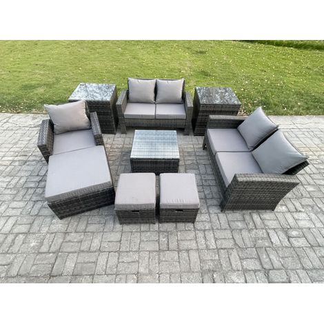 Fimous 8 Seater Outdoor Rattan Garden Furniture Set Conservatory Patio Sofa Coffee Table Set with Chair 2 Side Tables 3 Footstools Dark Grey Mixed (1/5)