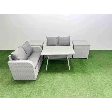 Fimous 4 Seat Outdoor Love Sofa Set Rattan Garden Furniture Set with Rectangular Dining Table 2 Side Tables Light Grey (1/4)