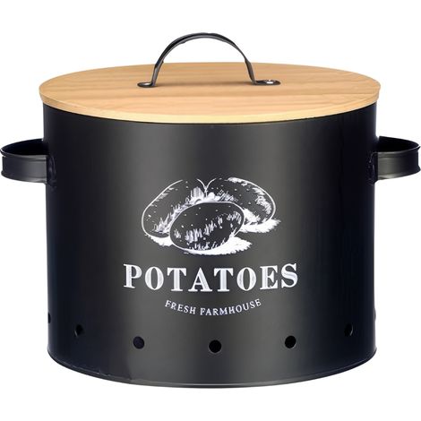 Contenitore per patate, nero, con coperchio in bambù. (1/5)