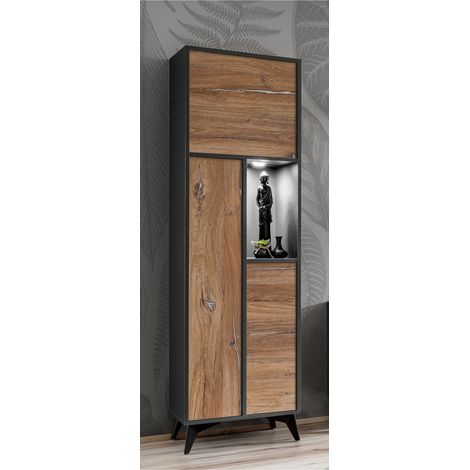 Vitrine armoire Orvieto – Chêne/anthracite – Largeur 51 cm x Hauteur 187 cm x Profondeur 40 cm – 7 rangements dont éclairage LED (1/4)