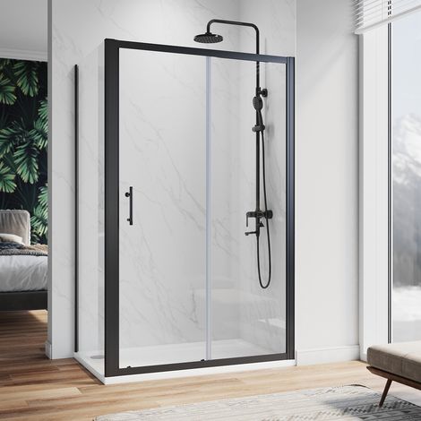 ELEGANT Sliding Shower Enclosure 1100 x 900 mm 6mm Safety Glass Reversible Bathroom Cubicle Screen Door with Side Panel-Matt Black Frame + Shower Tray and Waste (1/4)
