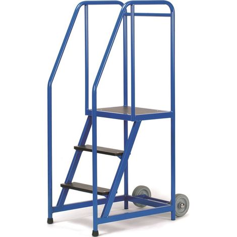 PROVOST - Escabeau mobile professionnel 3 marches en acier et bois - Bleu RAL 5005