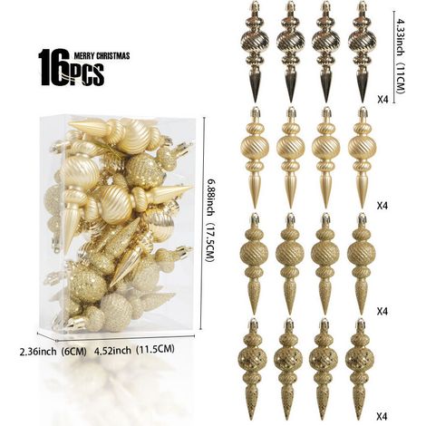 Juego de 16 bolas navideñas - Decoración clásica para árbol - Bolas navideñas - Decoraciones navideñas - Irrompibles - Doradas (1/3)