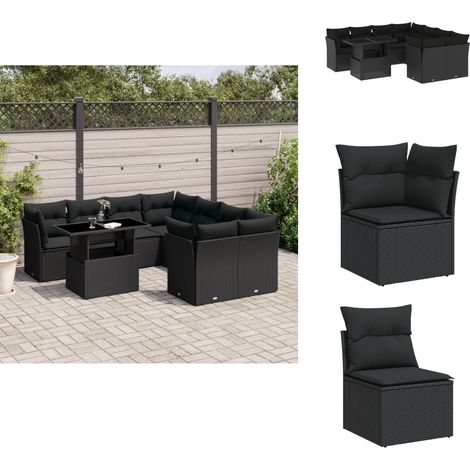 Salon de jardin 9 pcs avec coussins noir résine tressée - Ensemble Salon De Jardin - Meuble Extérieur - Table Extensible - Chaise Lounge - Canapé D'extérieur (1/5)