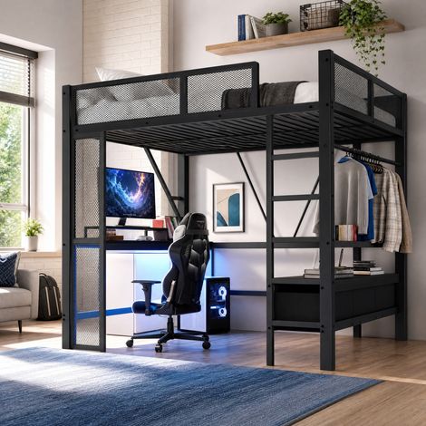 Hochbett 140x200 cm schwarz aus Metall und MDF mit Schreibtisch, LED, Stauraum und Leiter (1/5)