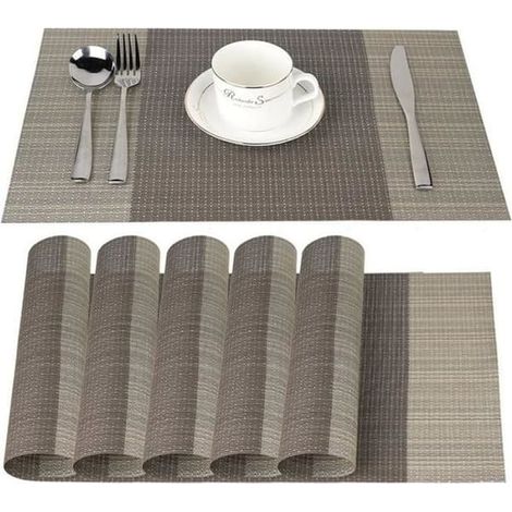 (Marron, Kaki) Lot de 6 sets de table antidérapants, résistants à la chaleur et aux frottements, à rayures marron (1/4)