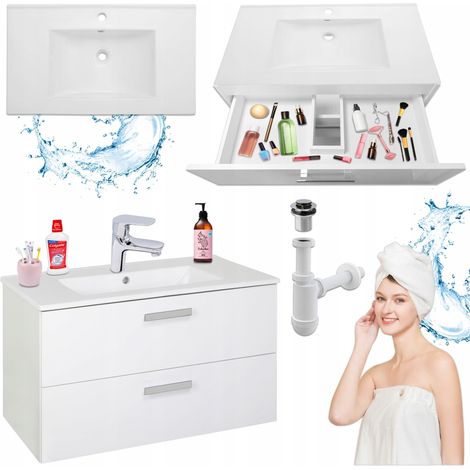 Meuble de Salle de Bain Suspendu + Lavabo 80 cm + Blanc - Élégant - Pratique - Durable