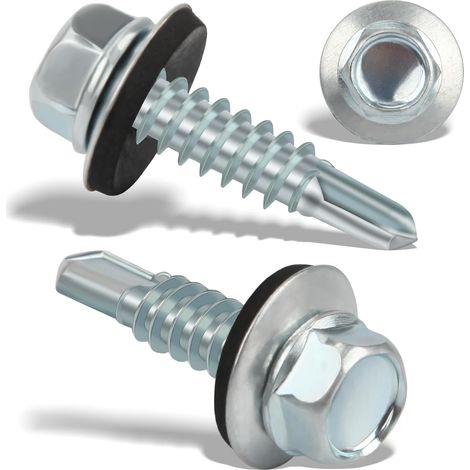 100PCS Vis Autoforeuse Metal 4,8x19 mm Vis Autoperforante Inox Bac Acier Hexagonale Vis Autoperceuse pour Metal Vis Etanche Avec Joint Tole Toiture Autoforante Auto Foreuse pour Plus Fixation(Argenté) (1/5)