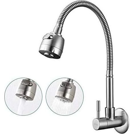 Robinet de Cuisine Mural Pivotant 180° avec Fonction Double Eau Froide et Tuyau Rétractable en Acier Brossé (1/4)