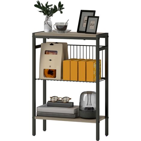 Tavolino stretto a 3 ripiani con vani portaoggetti, struttura in acciaio, per soggiorno, camera da letto, 43x18x62,5 cm, grigio