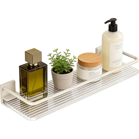 Étagère murale de salle de bain,Étagère de rangement sans perçage,En acrylique et alliage d'aluminium,30×10×4 cm,Couleur blanc cassé (1/5)
