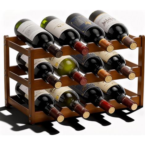 Range Bouteille Vin, 3 Niveaux Casier à Bouteilles 12 en Bambou, Porte Bouteille Peu Encombrant, Support Rangement Bouteille de Vin pour la Cuisine Bar Cave Etagere (43 x 23,5 x 25 cm) (1/5)