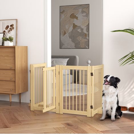 Puerta para perros plegable (204x75 cm), con puerta integrada y 2 patas de apoyo, madera natural (1/5)
