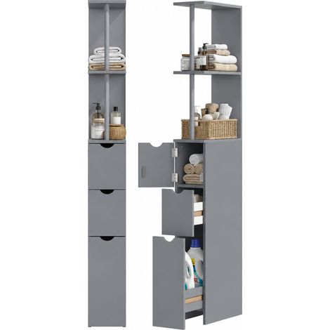 Homcom – Colonne de salle de bain avec 2 tiroirs et 2 étagères ouvertes – Structure en MDF gris – Dimensions 15 x 33 x 136,8 cm – Sangles anti-basculement