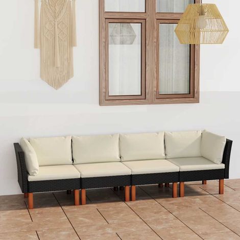 vidaXL Gartenbank für 4 Personen mit Kissen Schwarz Geflochtene Rattan