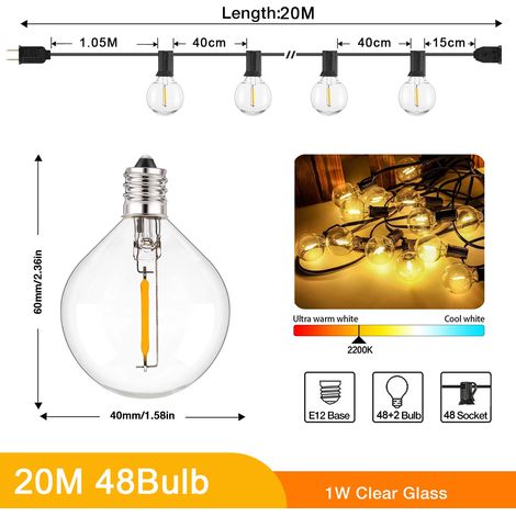 Guirlande lumineuse extérieure de 20 m (48 ampoules - Prise UE) avec douilles E12 et ampoules LED G40, à intensité variable, connectable. Décoration de jardin féérique. (1/5)