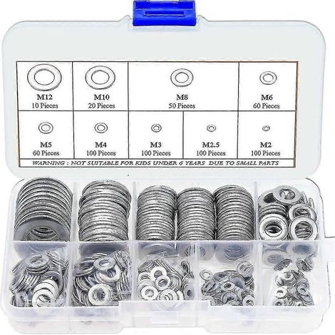 Kit d'assortiment de rondelles plates en acier inoxydable 304, 9 tailles M2-M12, couleur argent (600 pièces) (1/5)