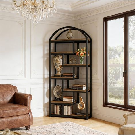 Estantería librería 180x30x180 cm negro y marrón rústico en MDF y metal con 7 niveles y pies ajustables (1/4)