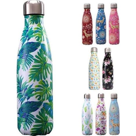 500ml Bouteille d\'eau Sport Gourde Inox Isotherme Sans BPA Impression C: Feuilles de Bananier