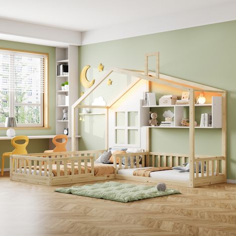 REDOM - Letto per bambini 90x200 cm, design a casetta con LED, mensole e sponde di sicurezza, legno naturale e bianco (materasso non incluso) (1/5)