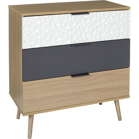 Commode 3 tiroirs 80x39x75 cm naturel, gris et blanc