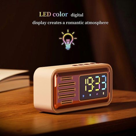 Enceinte Bluetooth multifonction rétro avec affichage numérique LED couleur, horloge et réveil, enceinte de bureau, cadeau beige (1/5)