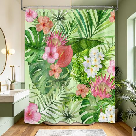 Cortina de ducha con estampado floral tropical, 180 x 180 cm, diseño de hojas y flores de monstera, decoración de baño con temática de la selva, impermeable. (1/4)