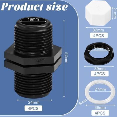 4 Stück Komplett-Wassertank-Fittings 25 mm Überlauf-Wassertank-Schottverschraubungen Wassertank-Trennwandverschraubungen mit 4 Muttern, 4 Dichtungen, 4 Stopfen für Wassertank, Fass, Zisterne (3/4 Zoll (1/4)