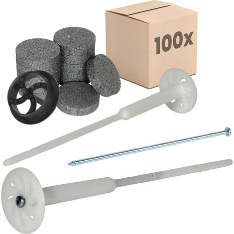 PROTEKTOR Dämmstoff-Schraubdübel für Fassadendämmung mit verzinkter Stahlschraube - 30cm, 100 Dübel + 200 Rondelle + 1 Fräser, Weiß